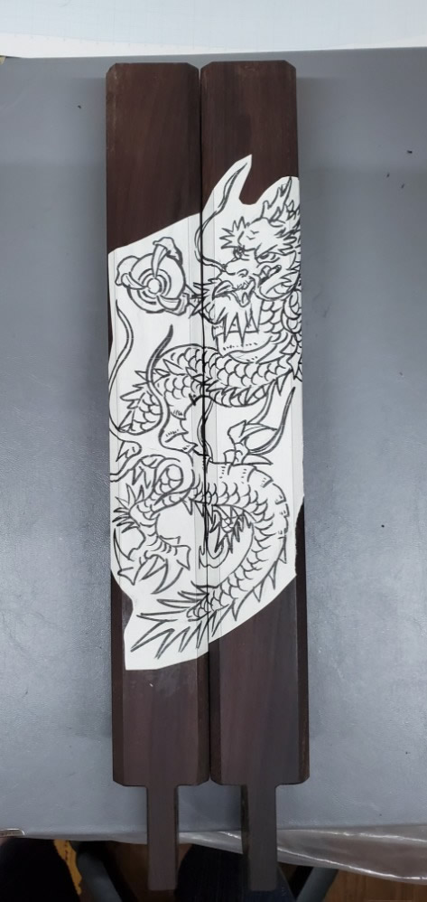 拍子木　龍　図案と彫り