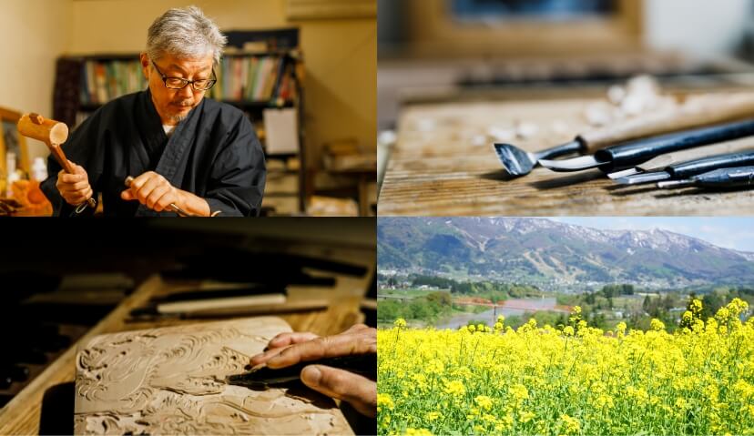 木彫り職人と飯山の自然の写真