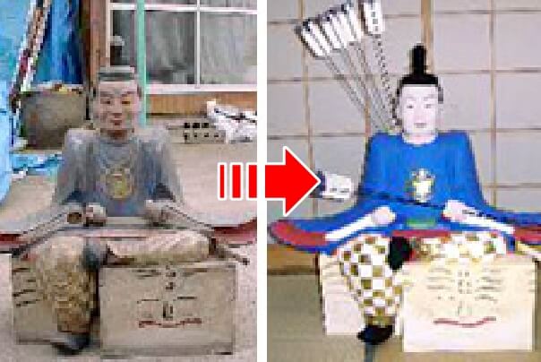 随身の木彫像（寺社ご依頼）の修復前、修復後の写真
