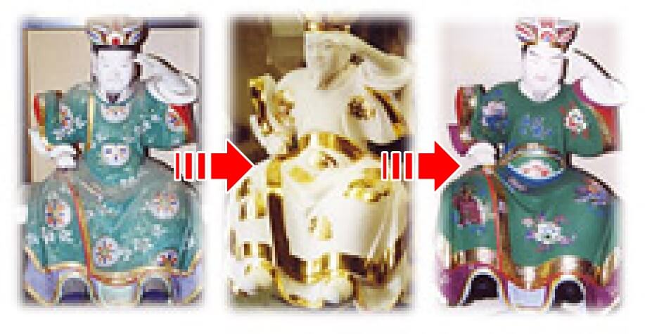 大権の木彫像の修復前、修復後の写真